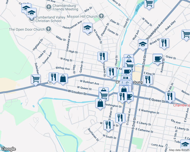 map of restaurants, bars, coffee shops, grocery stores, and more near 271 Lincoln Way West in Chambersburg