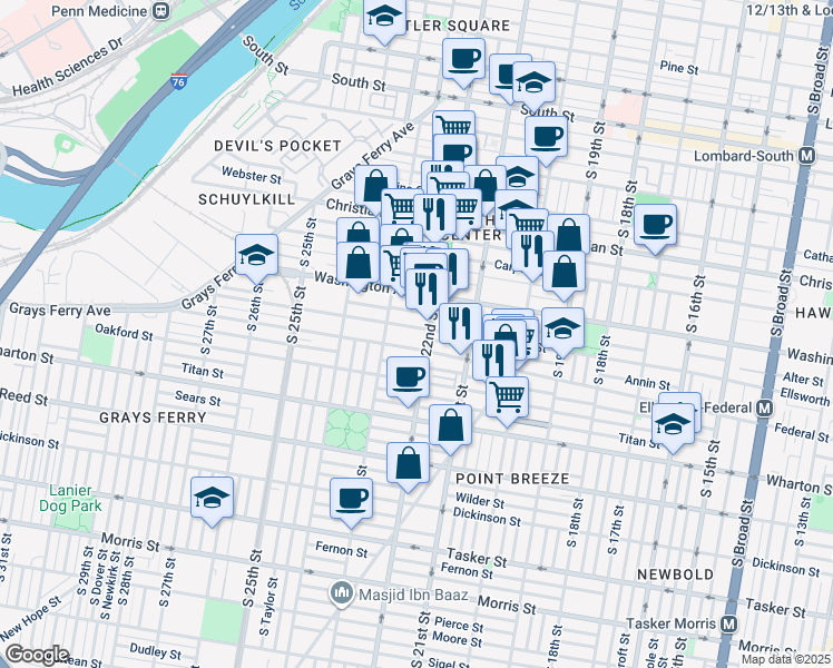 map of restaurants, bars, coffee shops, grocery stores, and more near 2212 Ellsworth St in Philadelphia