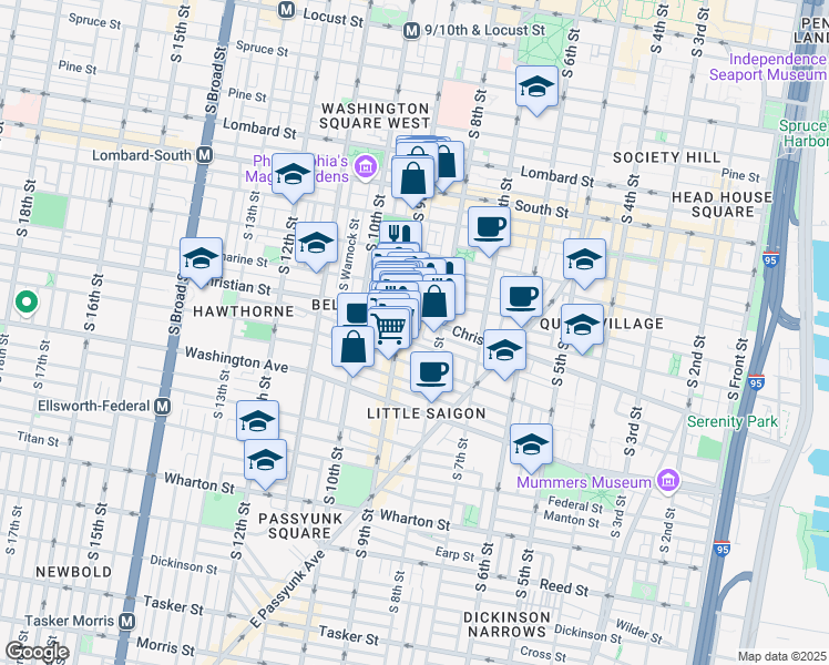 map of restaurants, bars, coffee shops, grocery stores, and more near 918 South Darien Street in Philadelphia