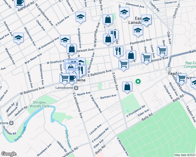 map of restaurants, bars, coffee shops, grocery stores, and more near 83 East Baltimore Avenue in Lansdowne