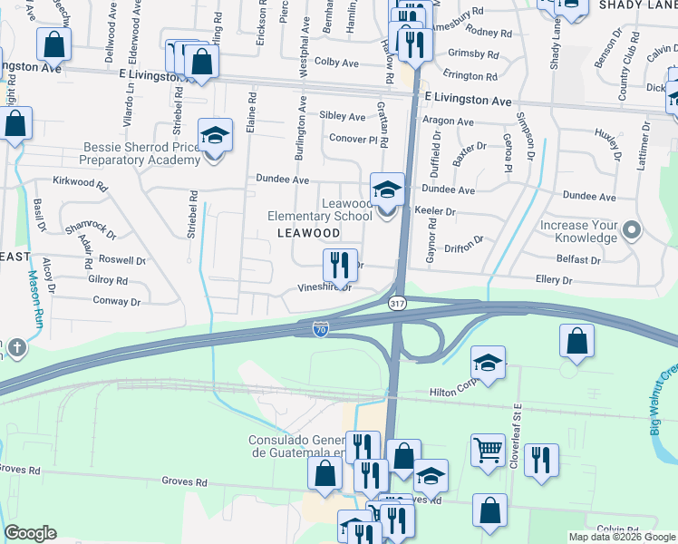 map of restaurants, bars, coffee shops, grocery stores, and more near 4238 Ellery Drive in Columbus