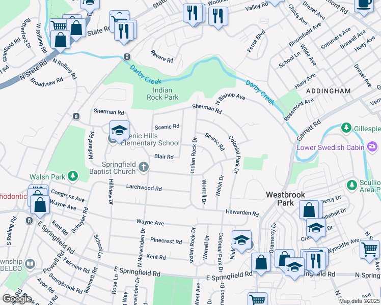 map of restaurants, bars, coffee shops, grocery stores, and more near 340 Indian Rock Drive in Springfield