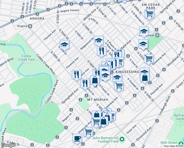 map of restaurants, bars, coffee shops, grocery stores, and more near 5633 Springfield Avenue in Philadelphia