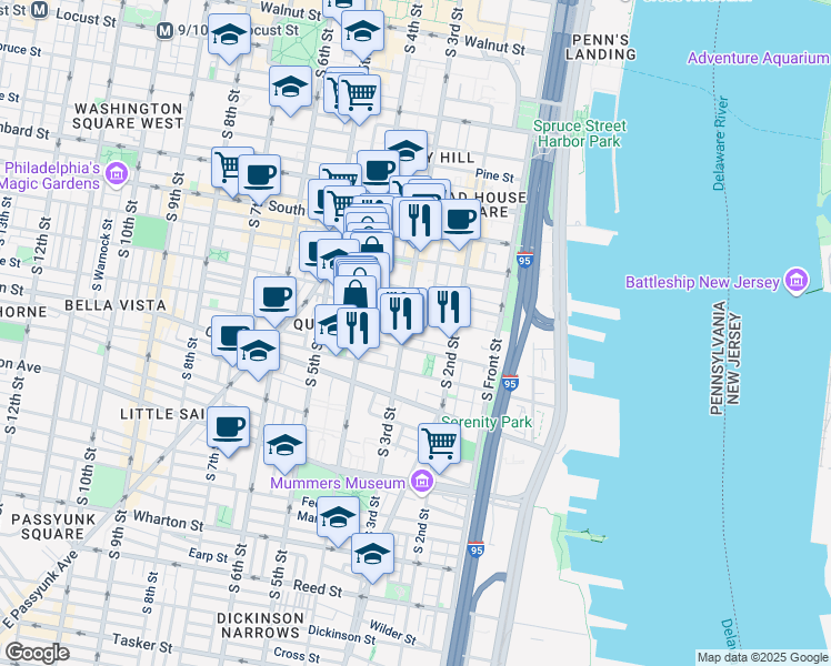 map of restaurants, bars, coffee shops, grocery stores, and more near 255 Fulton Street in Philadelphia