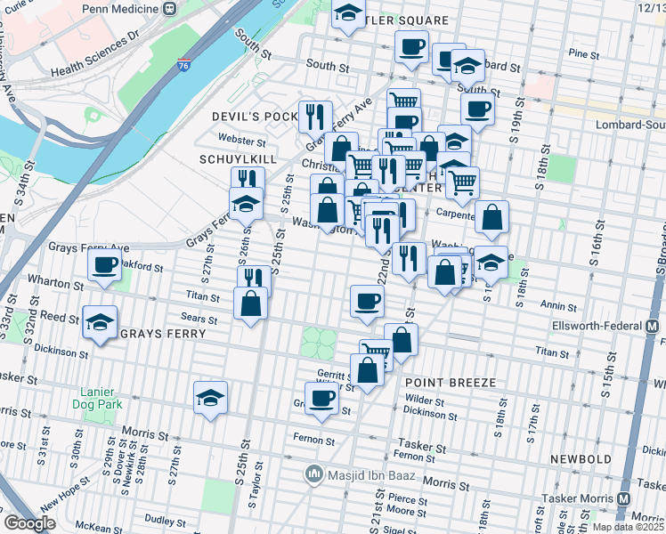 map of restaurants, bars, coffee shops, grocery stores, and more near 2317 Federal Street in Philadelphia