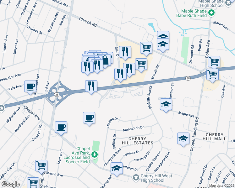 map of restaurants, bars, coffee shops, grocery stores, and more near 2141 Route 38 in Cherry Hill