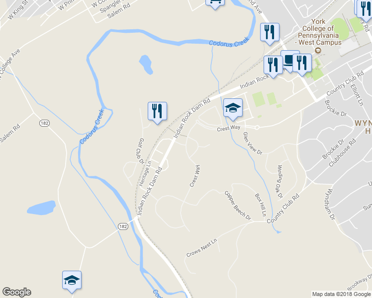 map of restaurants, bars, coffee shops, grocery stores, and more near 1030 Crestway Drive in York