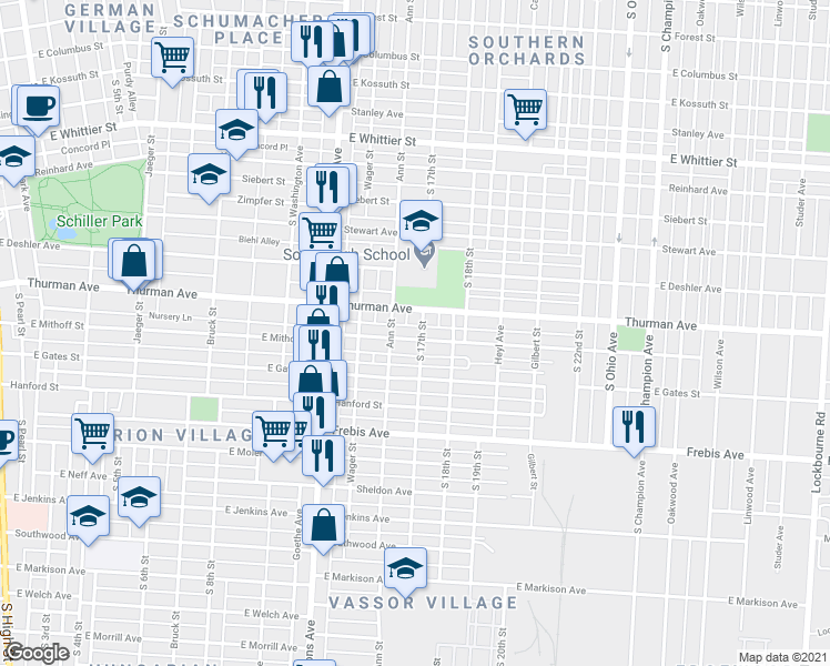 map of restaurants, bars, coffee shops, grocery stores, and more near 590 Mithoff Street in Columbus