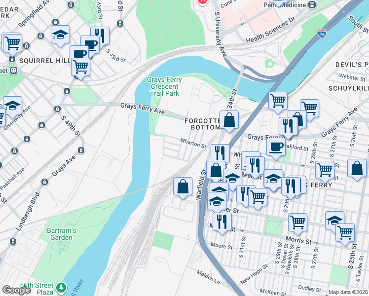 map of restaurants, bars, coffee shops, grocery stores, and more near 1312 Grove Street in Philadelphia