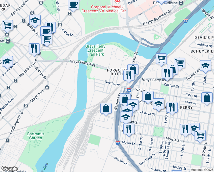 map of restaurants, bars, coffee shops, grocery stores, and more near 1312 Grove Street in Philadelphia