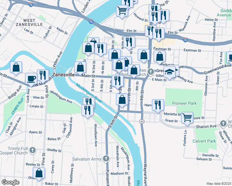 map of restaurants, bars, coffee shops, grocery stores, and more near South Street in Zanesville