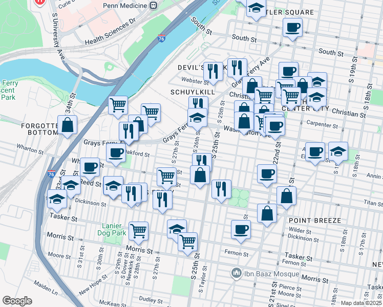 map of restaurants, bars, coffee shops, grocery stores, and more near 2614 Annin Street in Philadelphia