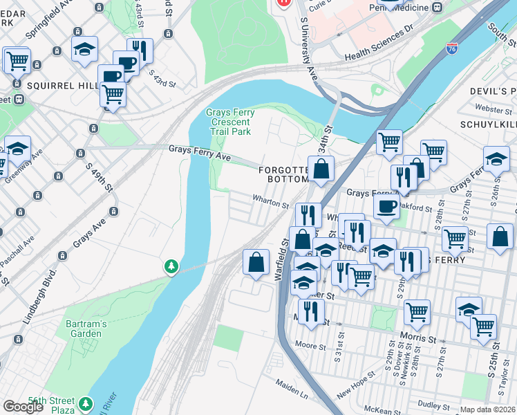 map of restaurants, bars, coffee shops, grocery stores, and more near in Philadelphia