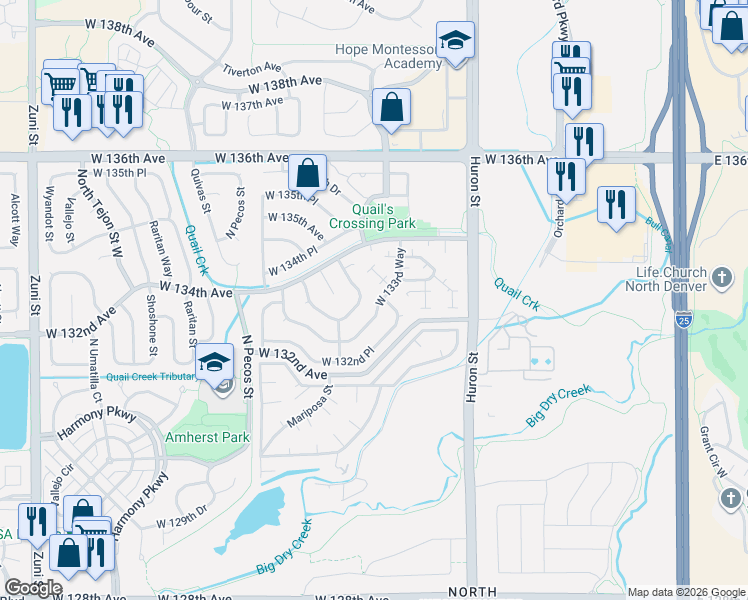 map of restaurants, bars, coffee shops, grocery stores, and more near 1248 West 133rd Circle in Westminster