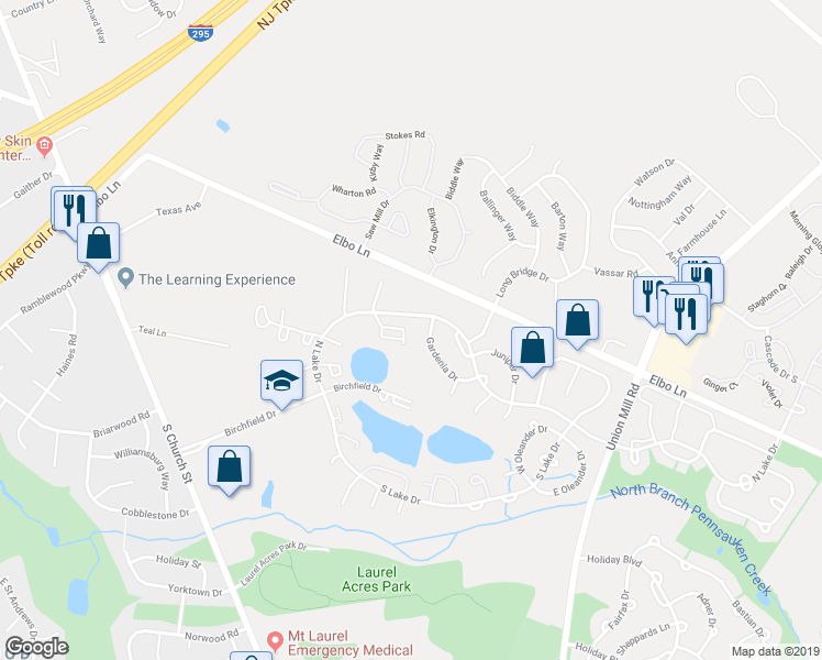 map of restaurants, bars, coffee shops, grocery stores, and more near 7B East Daisy Lane in Mount Laurel Township