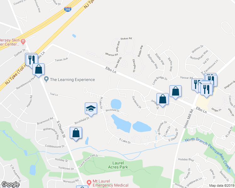 map of restaurants, bars, coffee shops, grocery stores, and more near 36A E Daisy Ln in Mount Laurel