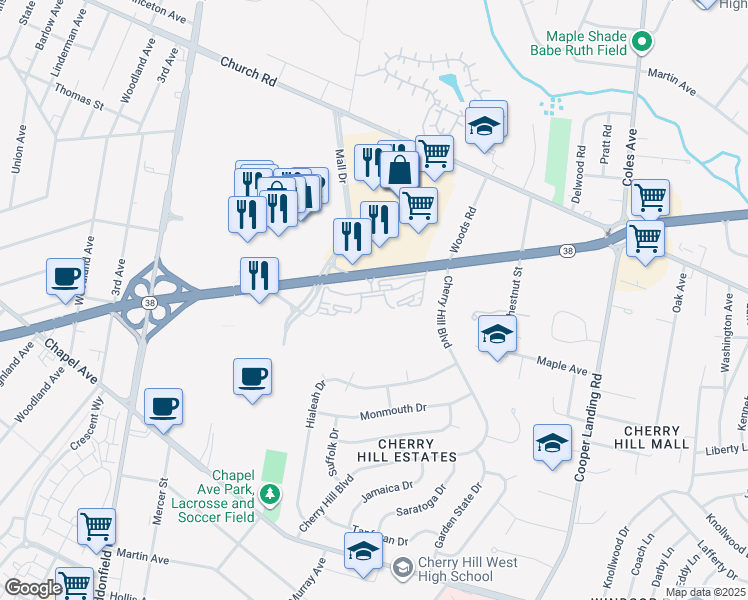 map of restaurants, bars, coffee shops, grocery stores, and more near 2145 New Jersey 38 in Cherry Hill