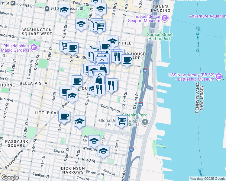 map of restaurants, bars, coffee shops, grocery stores, and more near 307 Fitzwater Street in Philadelphia