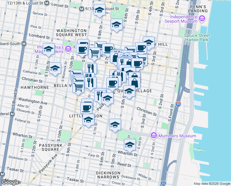 map of restaurants, bars, coffee shops, grocery stores, and more near 785 South 6th Street in Philadelphia