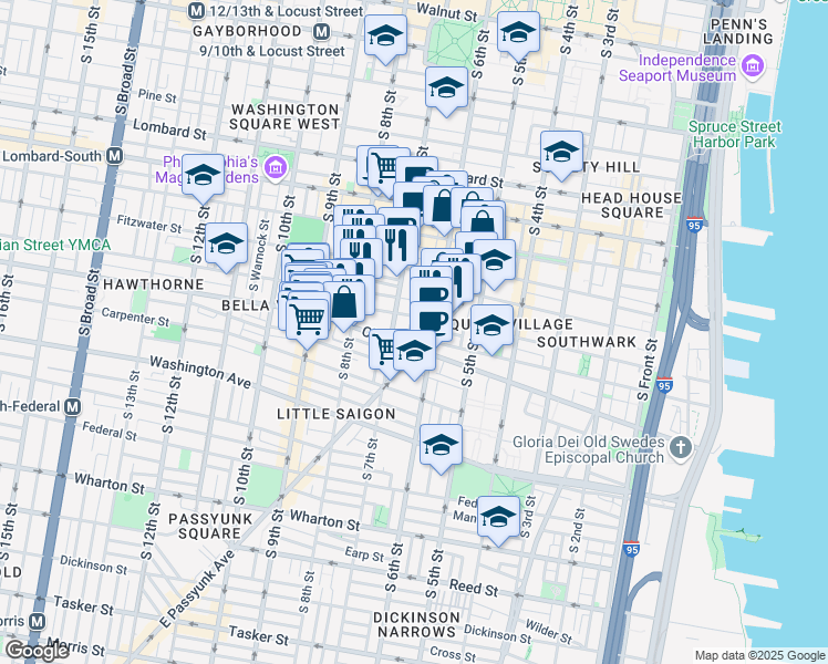 map of restaurants, bars, coffee shops, grocery stores, and more near 641 Catharine Street in Philadelphia