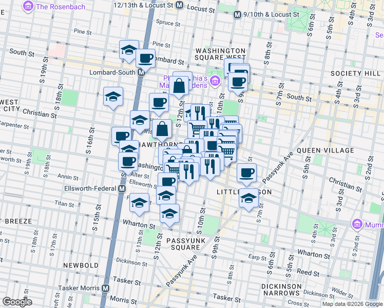 map of restaurants, bars, coffee shops, grocery stores, and more near 1118 Montrose Street in Philadelphia