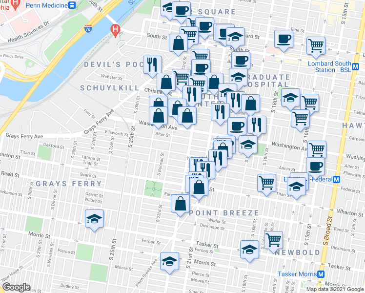 map of restaurants, bars, coffee shops, grocery stores, and more near 1108 South 22nd Street in Philadelphia