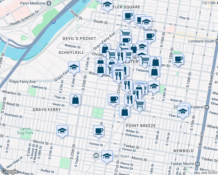 map of restaurants, bars, coffee shops, grocery stores, and more near 1133 South 23rd Street in Philadelphia