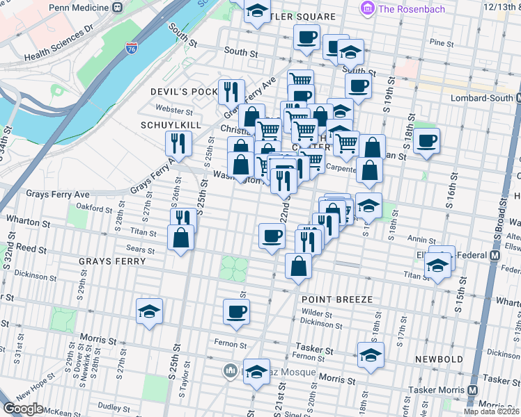 map of restaurants, bars, coffee shops, grocery stores, and more near in Philadelphia