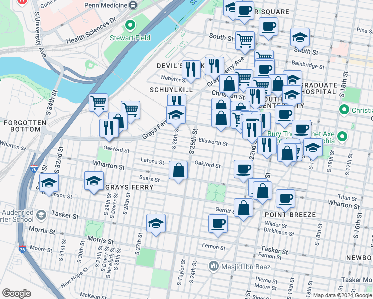 map of restaurants, bars, coffee shops, grocery stores, and more near in Philadelphia