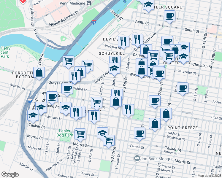 map of restaurants, bars, coffee shops, grocery stores, and more near 2614 Annin Street in Philadelphia