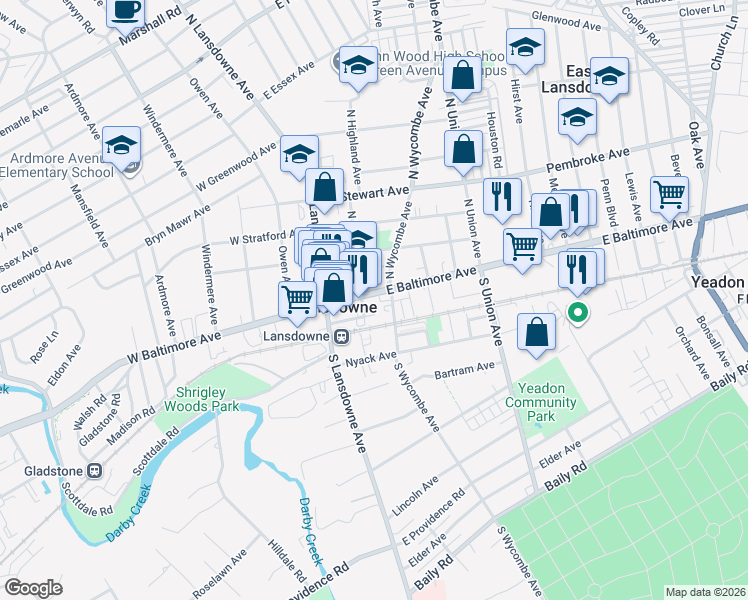 map of restaurants, bars, coffee shops, grocery stores, and more near 55 East Baltimore Avenue in Lansdowne