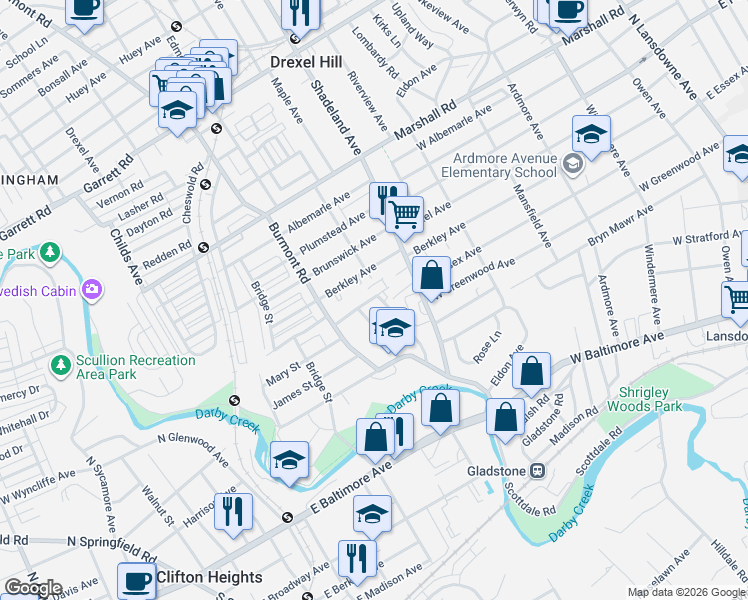 map of restaurants, bars, coffee shops, grocery stores, and more near 3406 Berkley Avenue in Drexel Hill