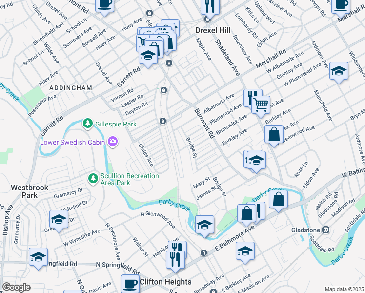 map of restaurants, bars, coffee shops, grocery stores, and more near 248 Blanchard Road in Drexel Hill