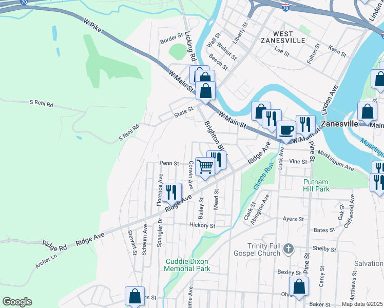map of restaurants, bars, coffee shops, grocery stores, and more near 111 Corwin Avenue in Zanesville