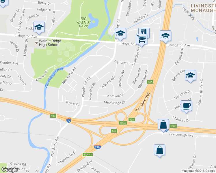 map of restaurants, bars, coffee shops, grocery stores, and more near 1877 Orlando Road in Columbus