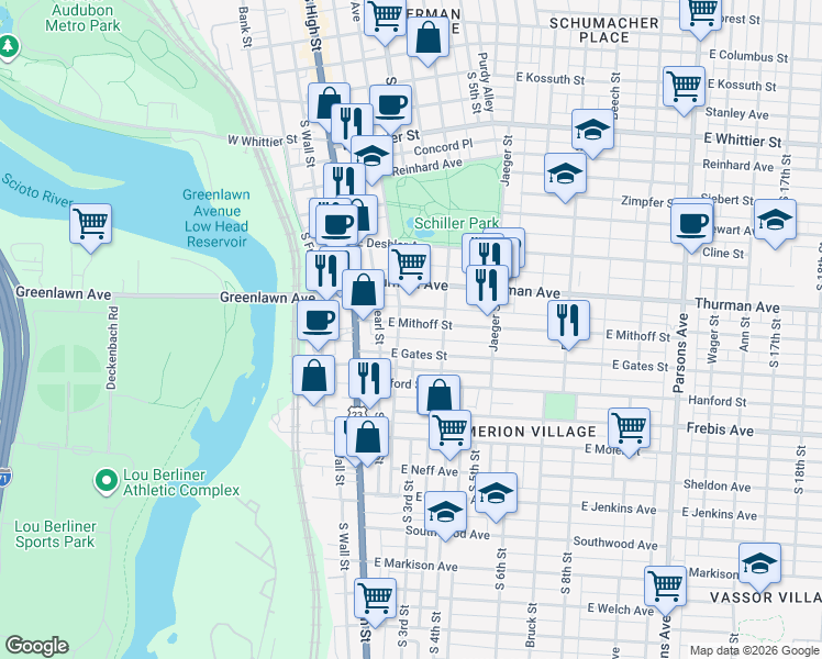 map of restaurants, bars, coffee shops, grocery stores, and more near 95 Nursery Lane in Columbus