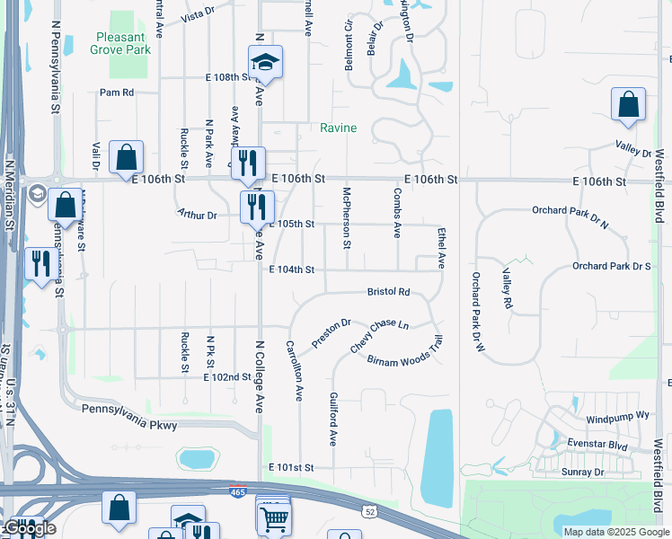map of restaurants, bars, coffee shops, grocery stores, and more near 10416 McPherson Street in Indianapolis