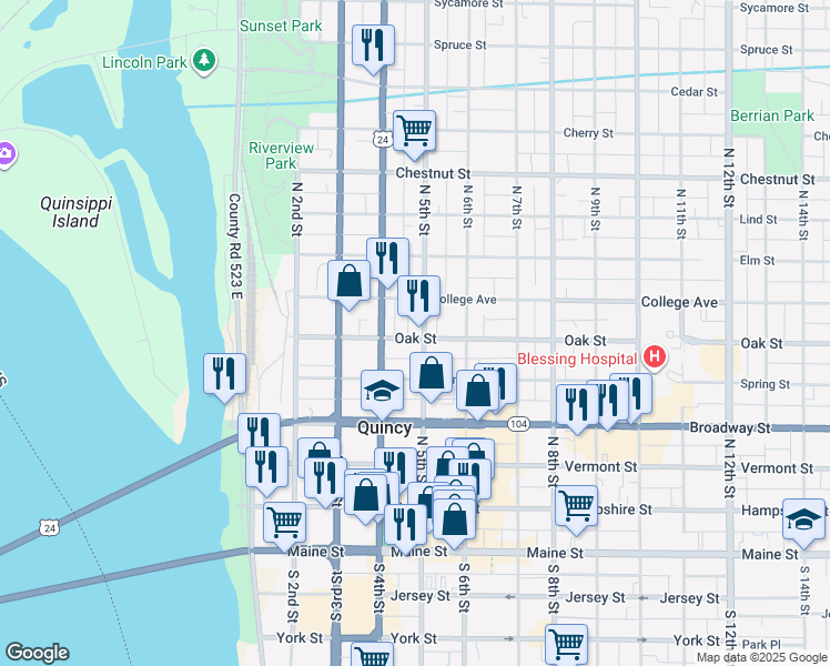 map of restaurants, bars, coffee shops, grocery stores, and more near 625 N 5th St in Quincy