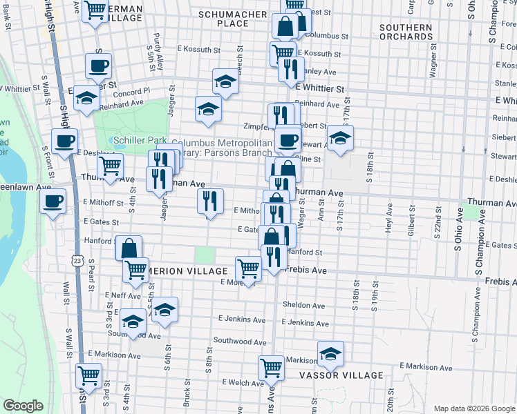map of restaurants, bars, coffee shops, grocery stores, and more near 429 Thurman Avenue in Columbus