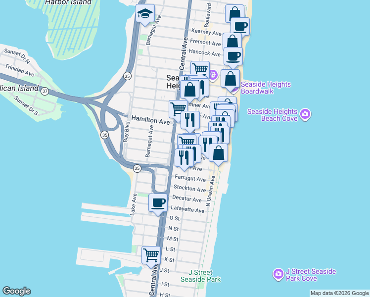 map of restaurants, bars, coffee shops, grocery stores, and more near 203 Ocean Boulevard in Seaside Heights