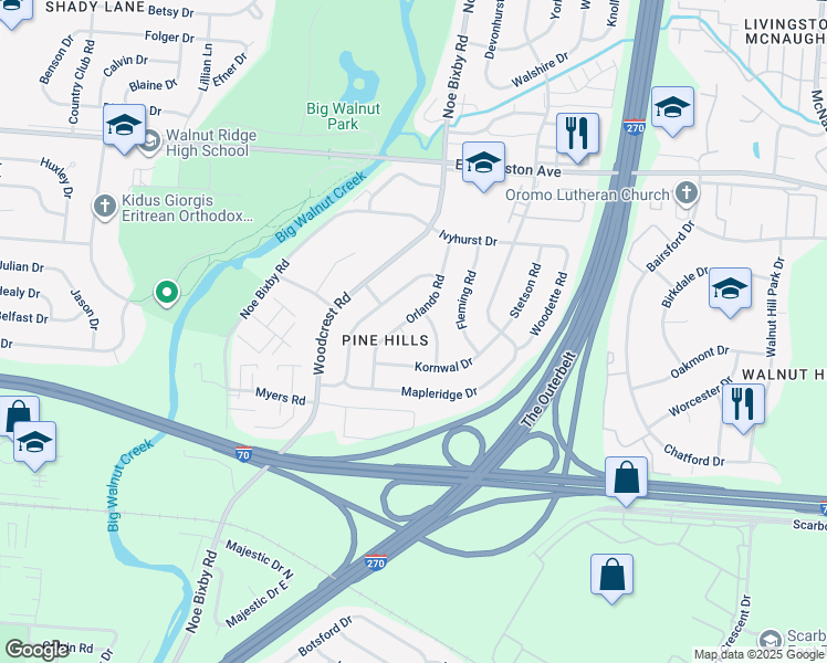 map of restaurants, bars, coffee shops, grocery stores, and more near 1877 Orlando Road in Columbus