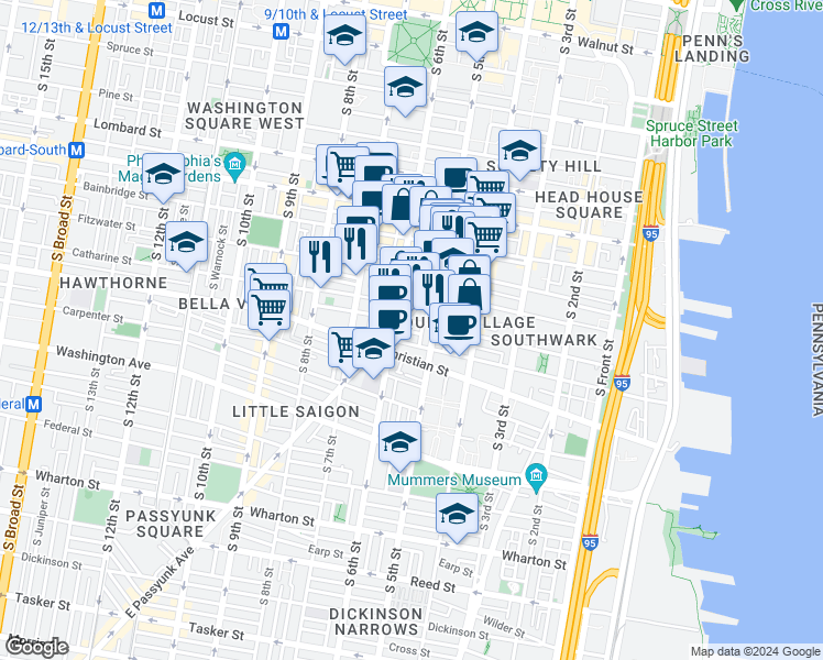 map of restaurants, bars, coffee shops, grocery stores, and more near 515 Kauffman Street in Philadelphia