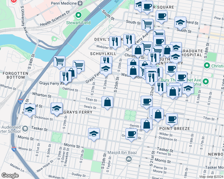 map of restaurants, bars, coffee shops, grocery stores, and more near 2510 Federal Street in Philadelphia