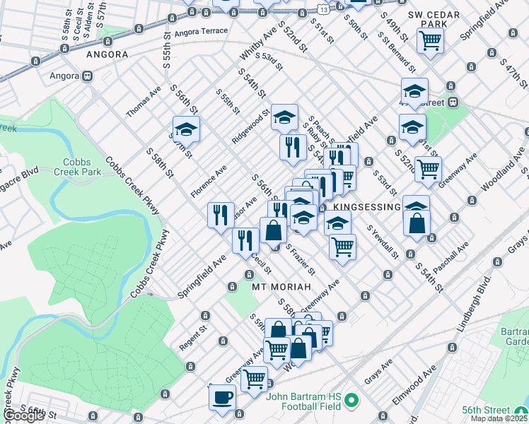 map of restaurants, bars, coffee shops, grocery stores, and more near 5633 Springfield Avenue in Philadelphia