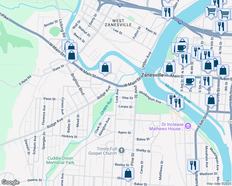 map of restaurants, bars, coffee shops, grocery stores, and more near 1000-1034 W Muskingum Ave in Zanesville