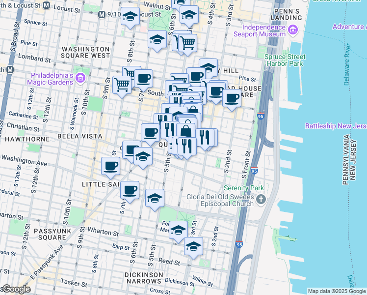 map of restaurants, bars, coffee shops, grocery stores, and more near 409 Catharine Street in Philadelphia