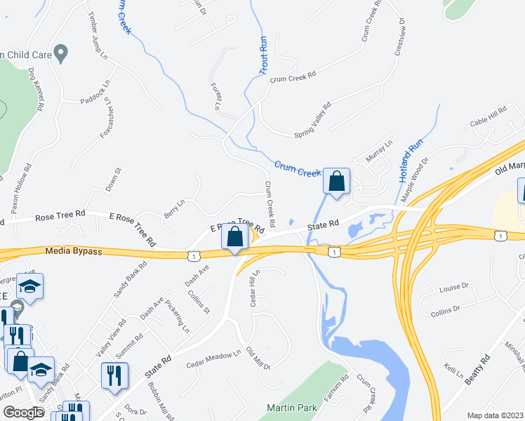map of restaurants, bars, coffee shops, grocery stores, and more near 830 Crum Creek Road in Media