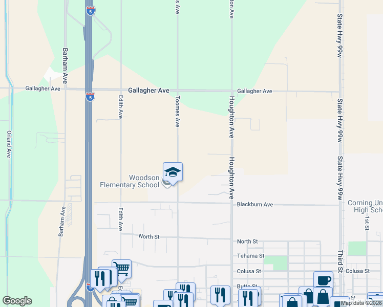 map of restaurants, bars, coffee shops, grocery stores, and more near 4898 Toomes Avenue in Corning