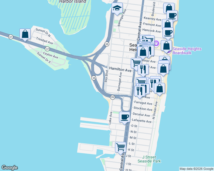 map of restaurants, bars, coffee shops, grocery stores, and more near 102 Bay Boulevard in Seaside Heights