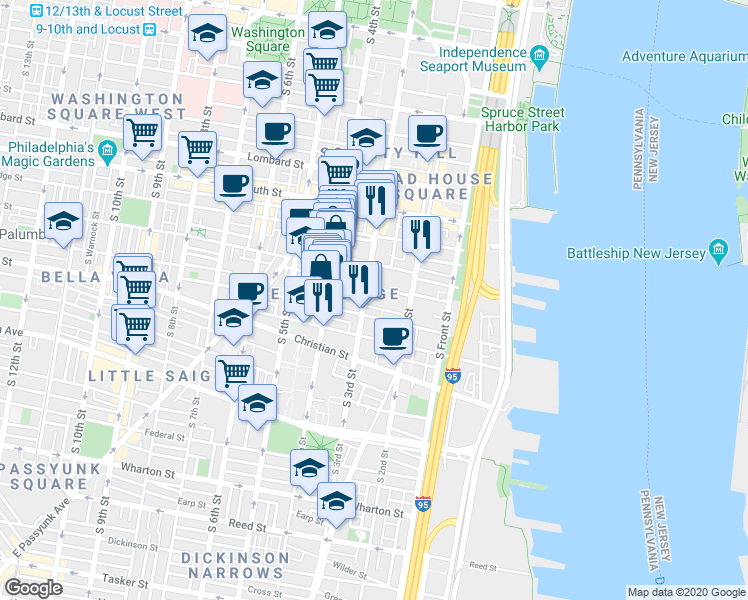 map of restaurants, bars, coffee shops, grocery stores, and more near 777R South 3rd Street in Philadelphia